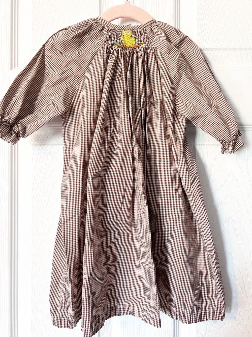 Vive La Fête Girls 9-12 Month Gingham Smocked Embroidered Yellow Owl Motif